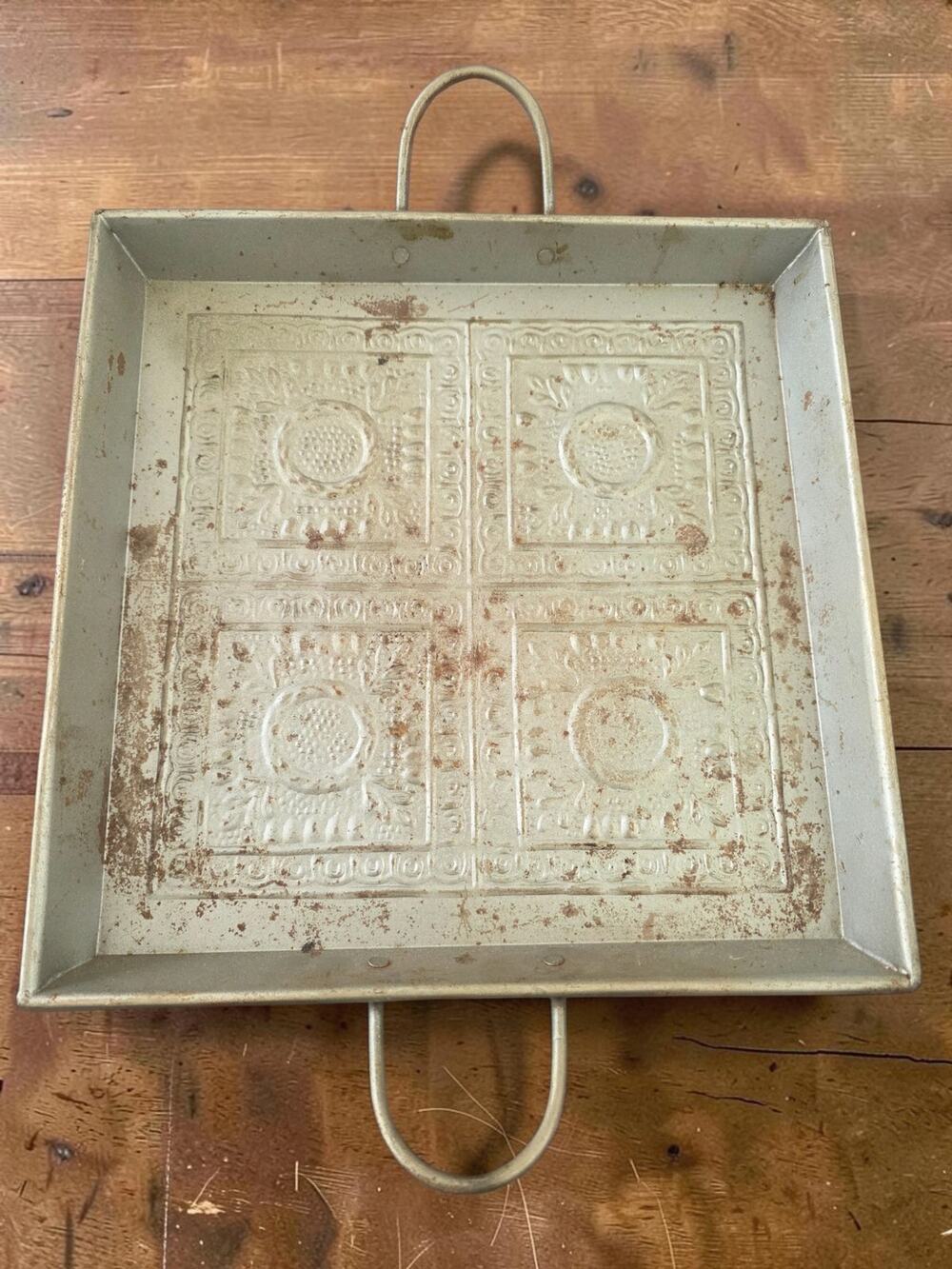 Vintage Metal Serving Tray 12” Square Embossed Floral Handles Shabby Chic